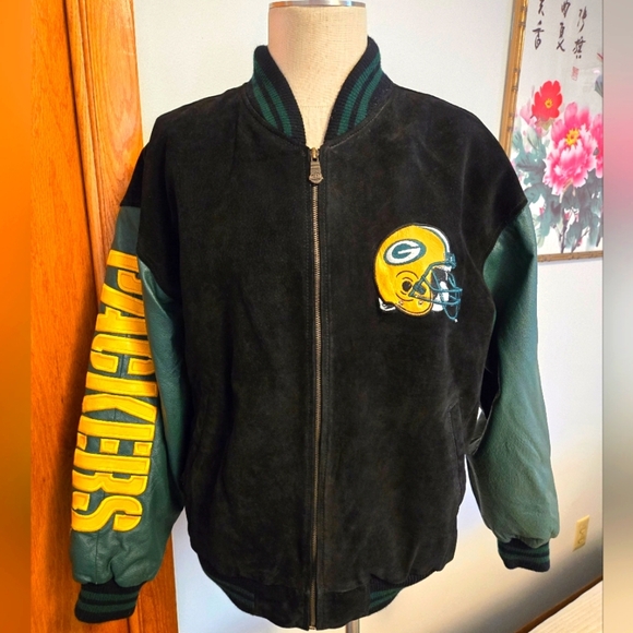 GREEN BAY PACKERS VINTAGE 1990s  SUEDE & LEATHER BOMBER JACKET. SIZE LARGE. - Picture 1 of 10